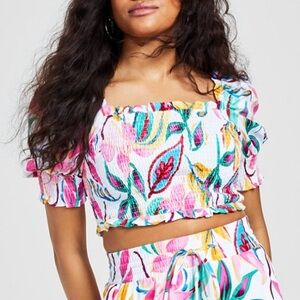 Bar III Women's Colorful Floral Smocked Puff-Sleeve Crop Top Size M